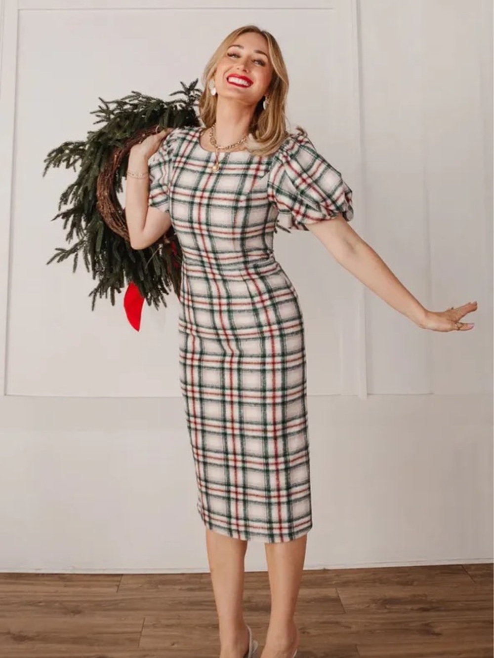 Ivy City Co Plaid Puff-Sleeve Midi Dress - Cream, Green, Red
